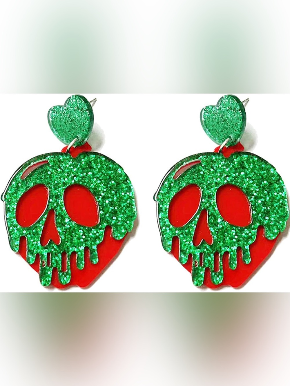 Poison Apple Snow White Disney Green Glitter Drip Skull Earrings